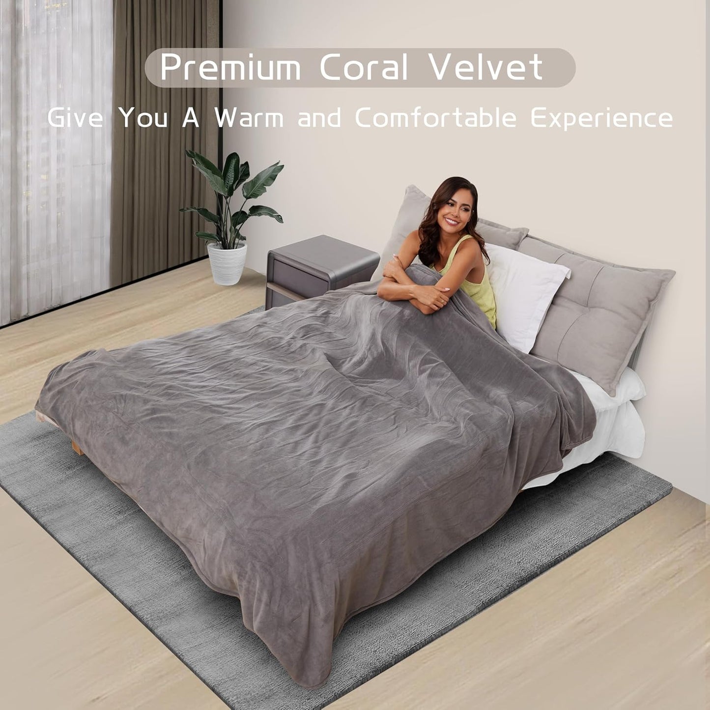 Electric Heated Blanket 72"x84" Full Size, Soft Coral Fleece with 4 Heating Levels and 10 Hours Auto-Off, Machine Washable, Cozy Plush Fabric for Home, Light Gray