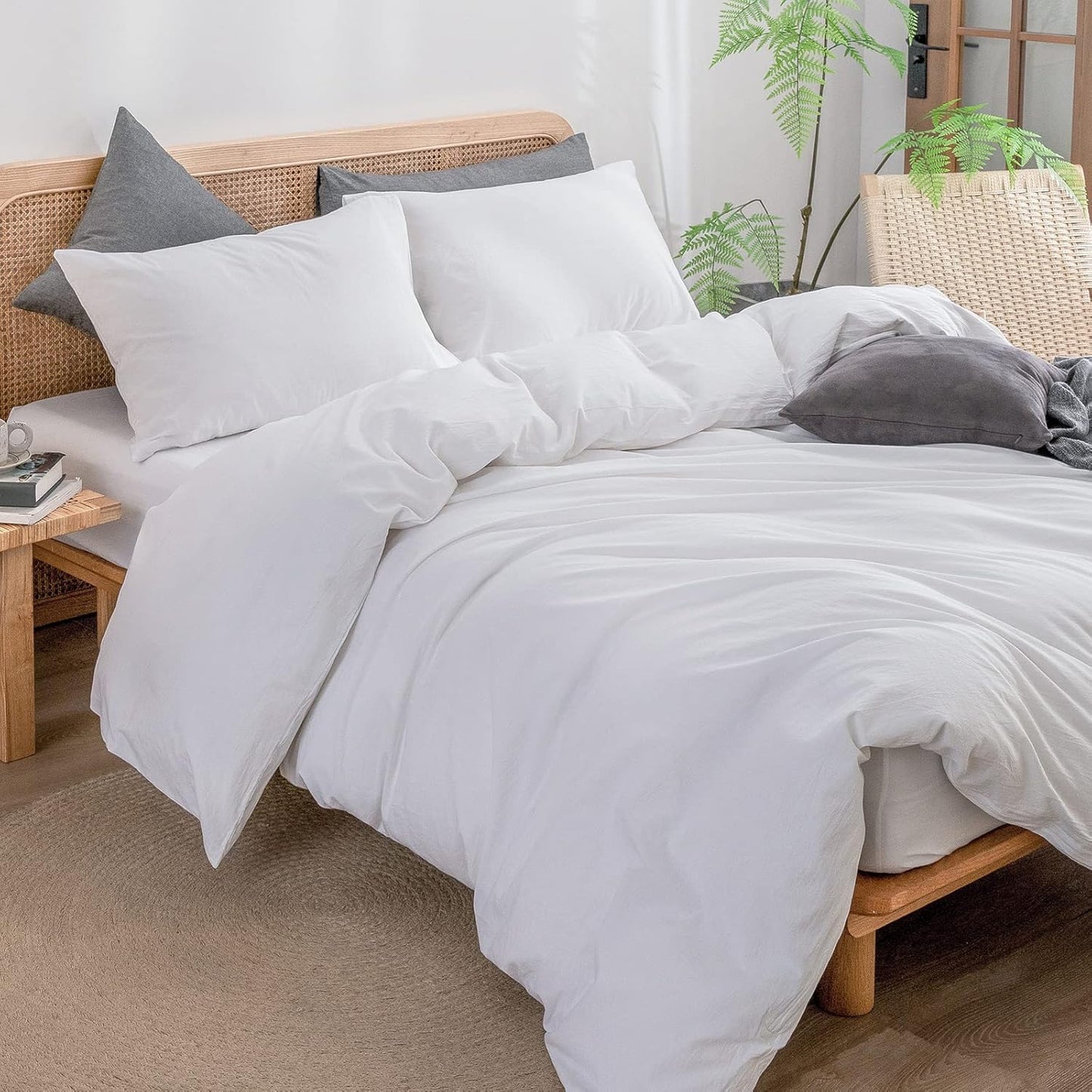 BESTOUCH Duvet Cover Set 100% Washed Cotton Linen Feel Super Soft Comfortable Chic Lightweight 3 PCs Home Bedding Set Solid Bright White Queen