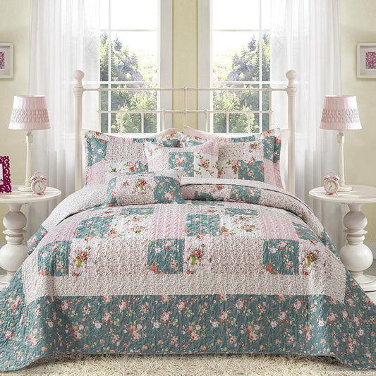 BEDIFANY French Style Queen Size Quilt Set for Farmhouse - 3 Pieces Cotton Filling Garden Lightweight Bedspreads Queen with Floral Pattern - All Season Quilt Bedding Sets for Decorations