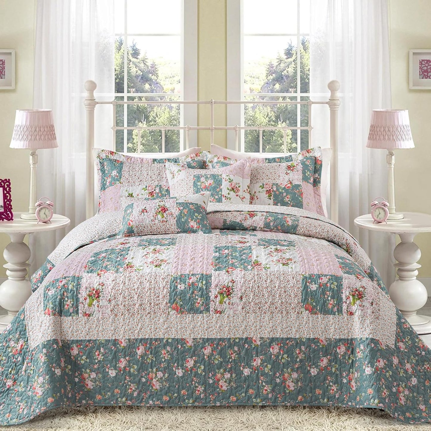 BEDIFANY French Style King Size Quilt Set for Farmhouse - 3 Pieces Cotton Filling Garden Lightweight Bedspreads King with Floral Pattern - All Season Quilt Bedding Sets for Decorations