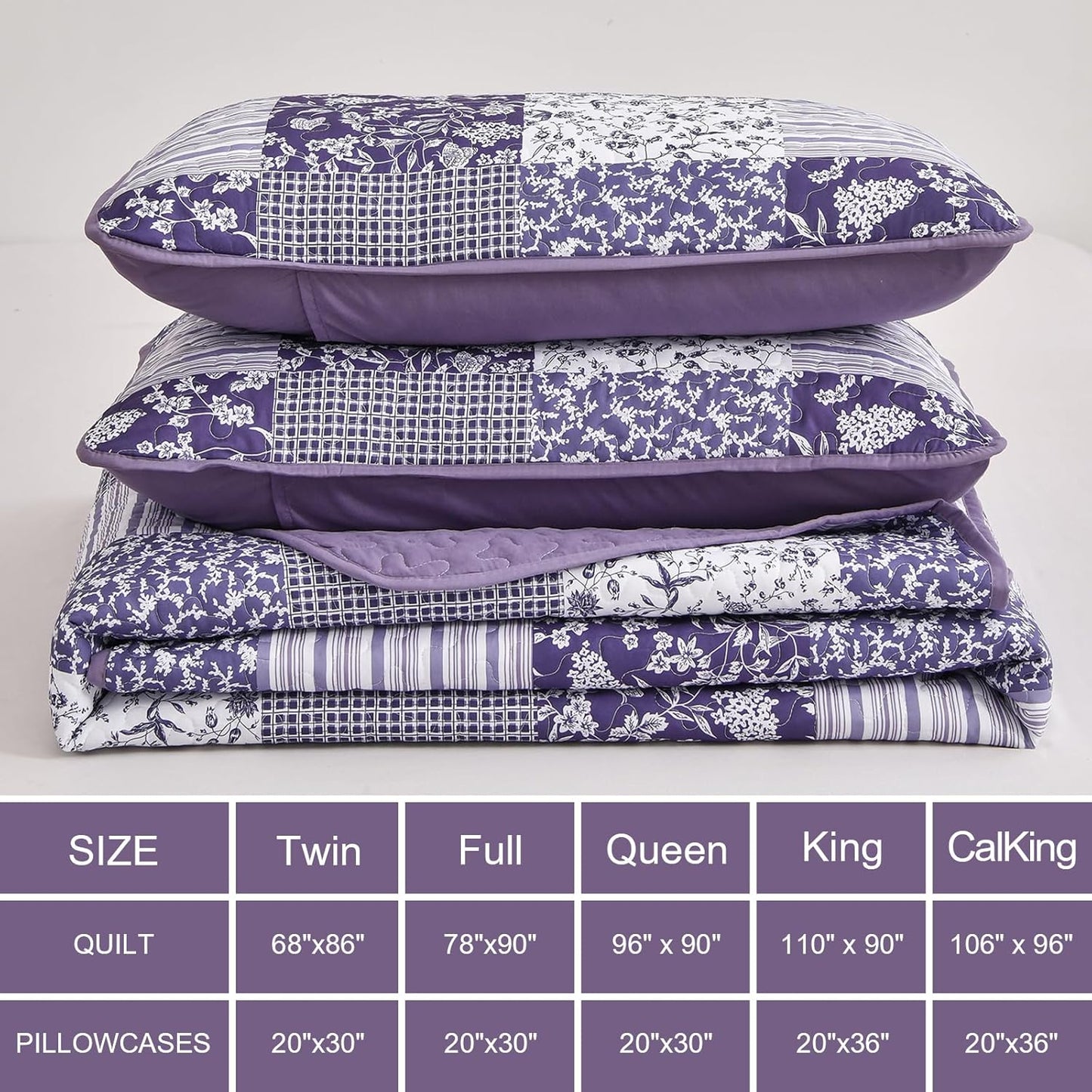 Mybedsoul Purple Quilt Set Full Size, 3 Pieces Plaid Floral Bedspread Set Patchwork Reversible Bedding Set Microfiber Lightweight Bedspread Coverlet Set for All Season 78"x90"