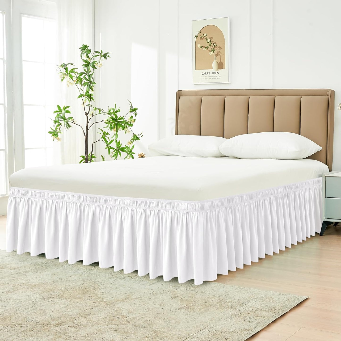 Biscaynebay Wrap Around Bed Skirts for King & Cal King Beds Extra Long Drop of 25", White Adjustable Elastic Dust Ruffles Easy Fit Wrinkle Resistant Silky Luxurious Fabric Machine Washable