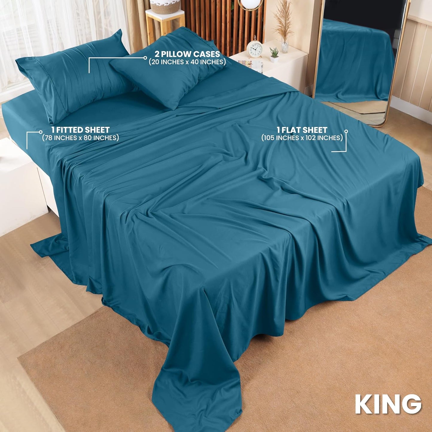 Utopia Bedding King Sheet Set – 4 Piece Bed Sheets for King Size Bed, Soft and Breathable Microfiber, Includes 1 Fitted Sheet, 1 Flat Sheet and 2 Pillowcases (Denim Blue)
