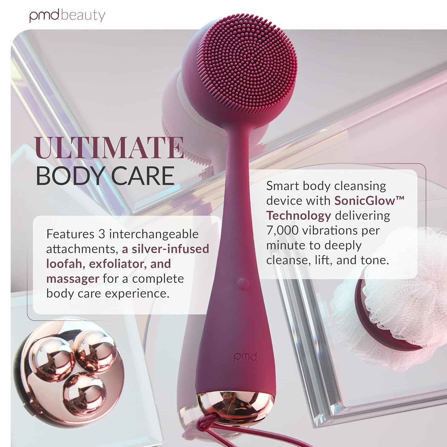 PMD Clean Body - Smart Body Cleansing Device with Silicone Brush & Three Interchangeable Attachments - Waterproof - SonicGlow Vibration - Cleanse, Exfoliate, & Massage Body