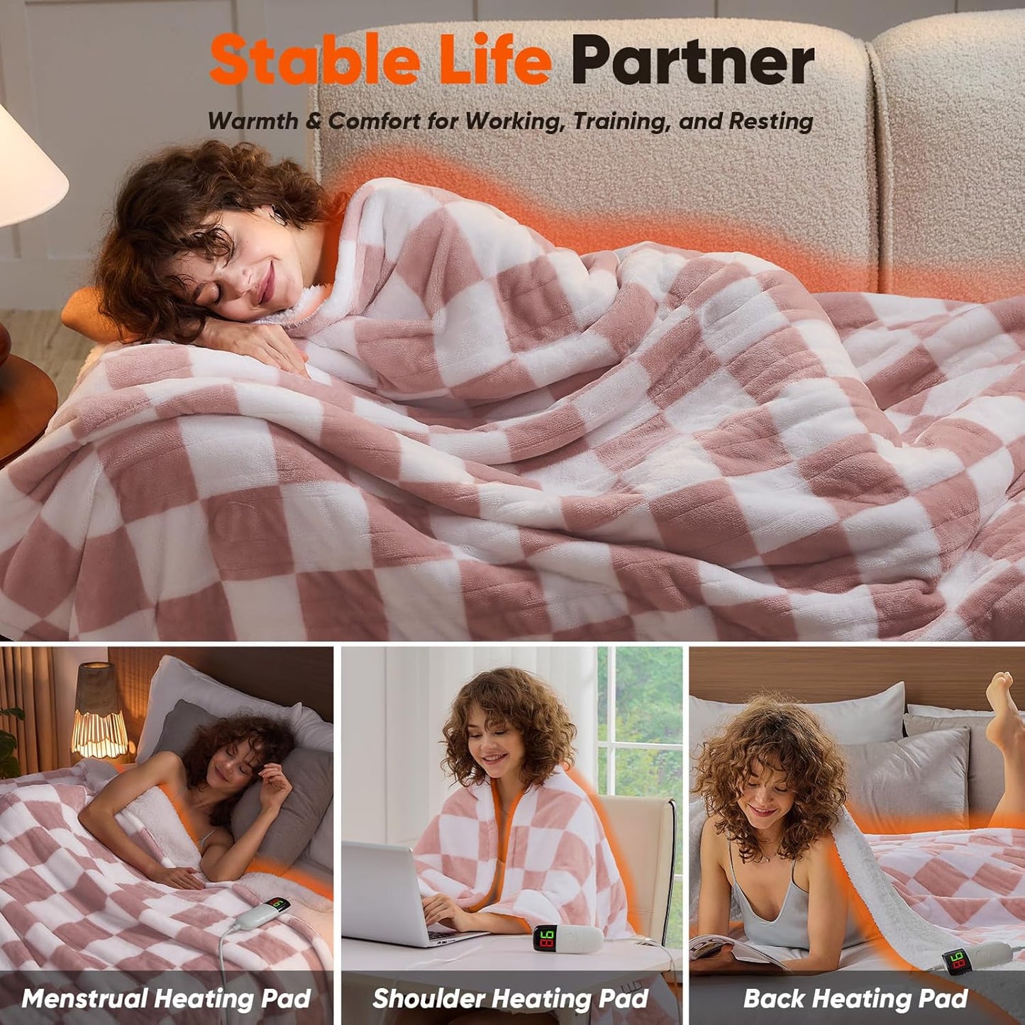 Light Pink Heated Blanket Electric Throw, 50X60 Heating Blanket with 10 Heat Levels & 8 Hours Auto Off for Lap, Checkered Plaid Soft Sherpa Blankets Warmer Gifts for Couch Grandma Women Adults