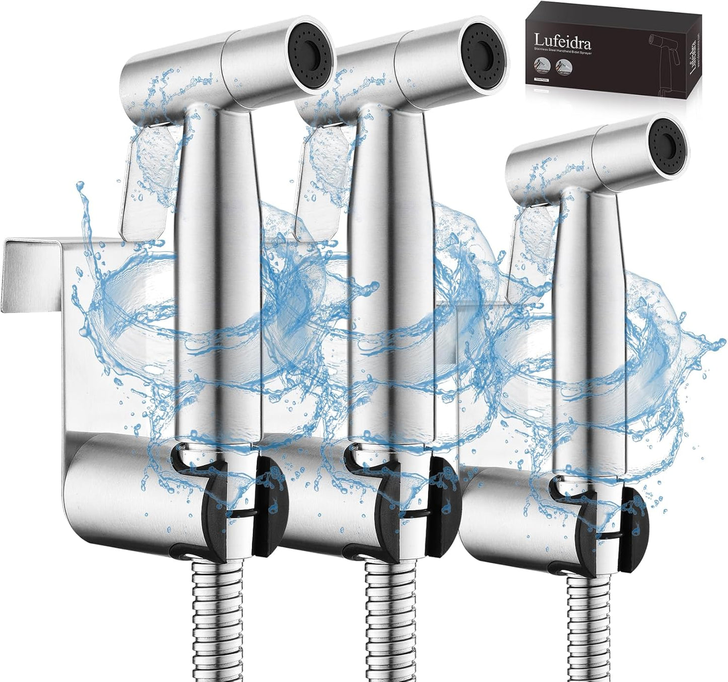 Handheld Toilet Bidet Sprayer for Toilet-Adjustable Water Pressure Control with Bidet Hose for Feminine Wash, Stainless Steel Brushed Nickel Cloth Diaper for Baby Wash (Stainless Steel, 3 Pack)