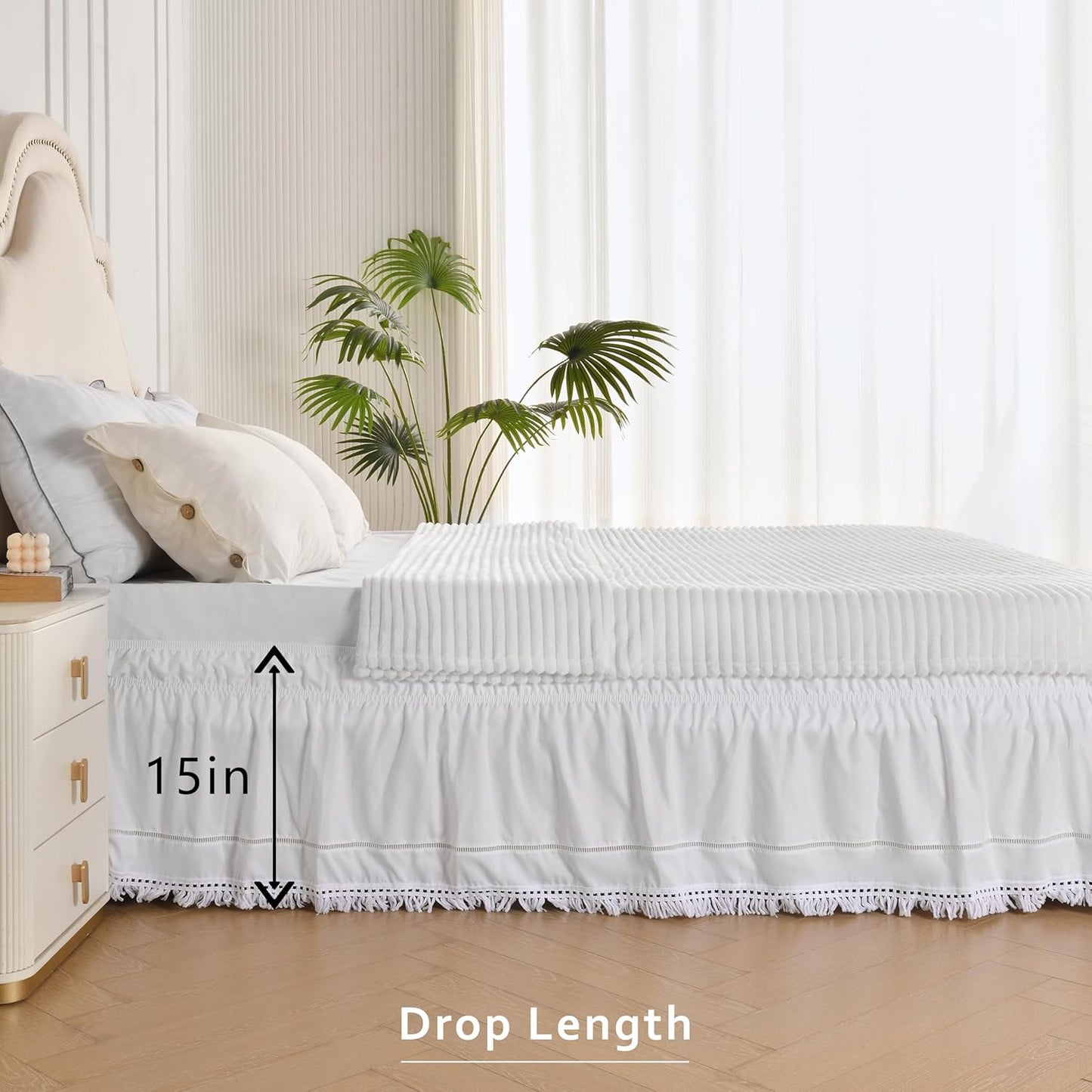 MIYE Wrap Around Ruffled Lace Bed Skirt, Elastic Dust Ruffle with Adjustable Belts, Easy to Put On, Bed Frame Cover, Machine Washable (Tassel Ruffle/White, King/Queen-15 Drop)
