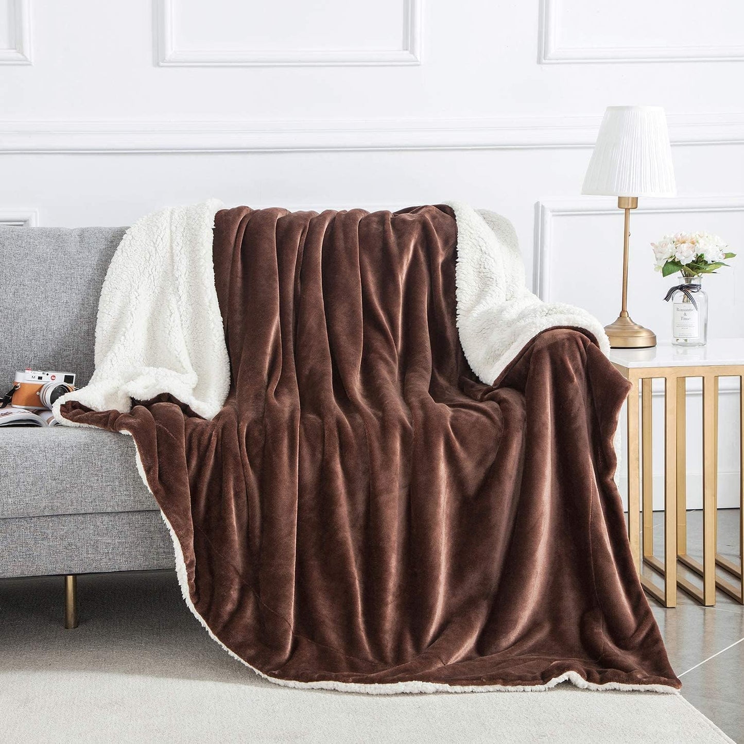 IR Imperial Rooms Coffee Sherpa Fleece Throw Blanket for Bed - Wholesale Bulk Pack of 16 Sherpa Blankets - Soft Fluffy Throw Blankets for Hotels, Guest Bedroom, 50x60 Inches