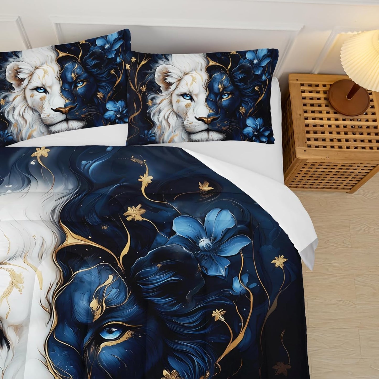 Black and Gold Flower Lion Comforter Set Queen Size，Animal Print Queen Size Bedding Set for Boy，with 1 Comforter with 2 Pillow Case