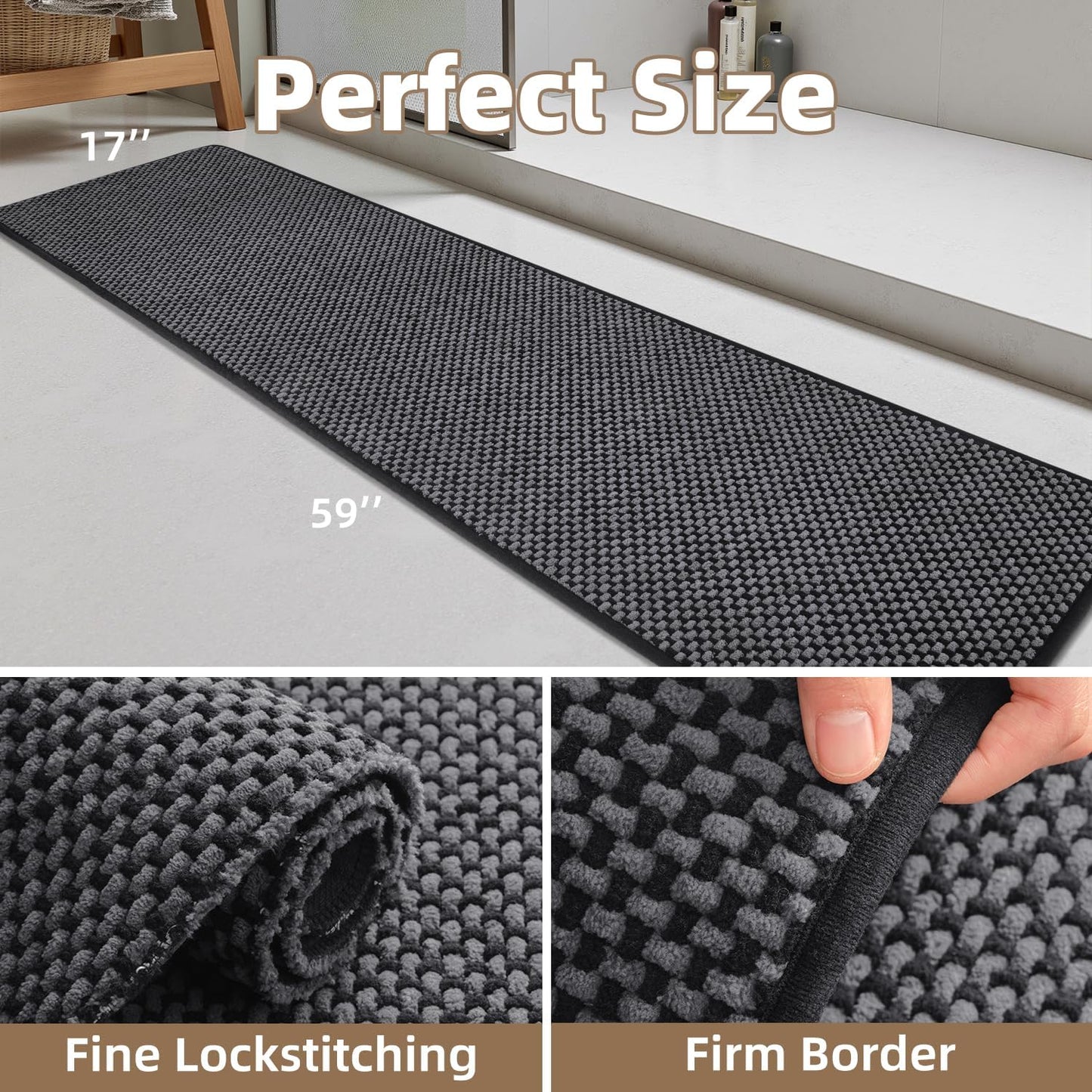 PADOOR-Bath Mat Runner-Super Absorbent Chenille Bathroom Mats-Rubber Backed Bath Mats for Bathroom Non Slip, Easy Clean Bathroom Runner Rugs Front of Bathtub,Shower Room,Sink-17×59