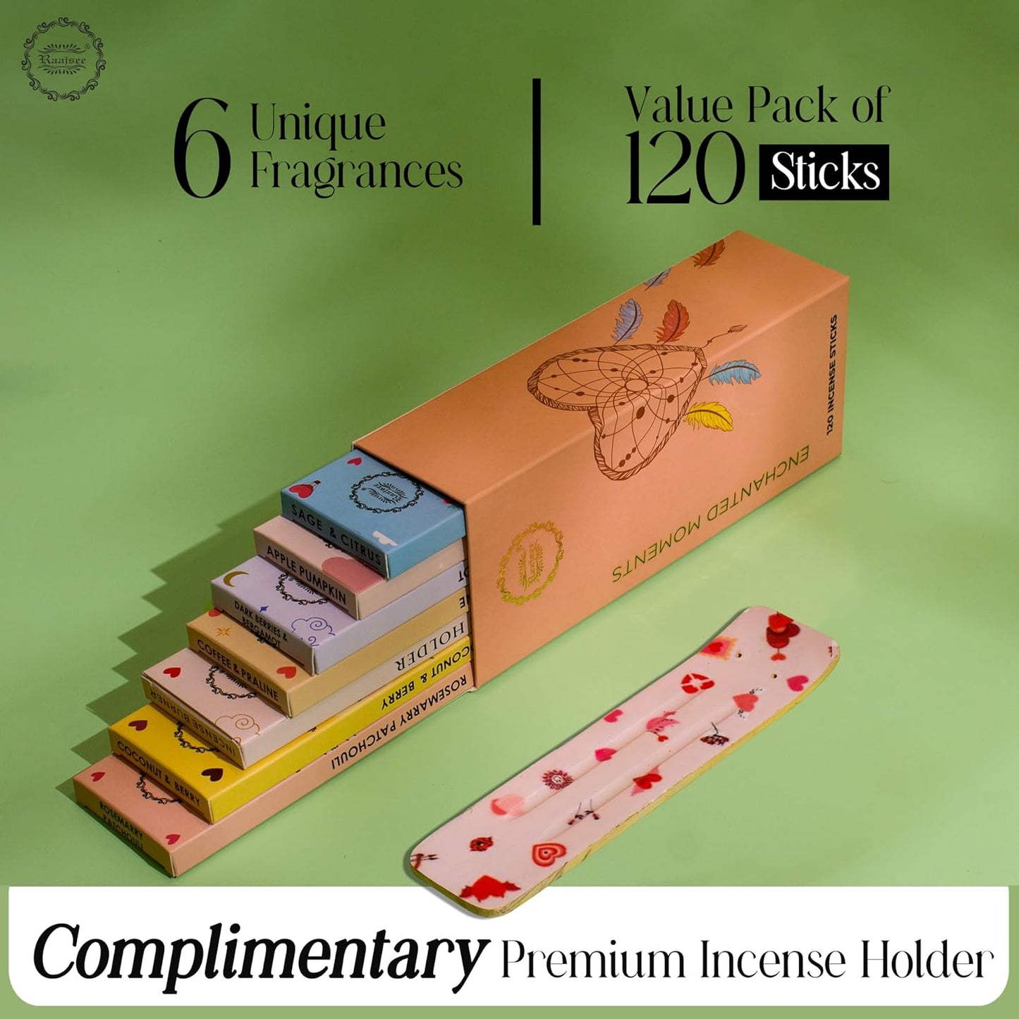 Raajsee Natural Incense Sticks with Insence Holder- Pack of 6 Organic Inscent -120 Insense Sticks, Non Toxic Clean Burning, Boho Gift Set, Sage,Apple Pumpkin,Coconut, Coffee,Rosemary Patchouli