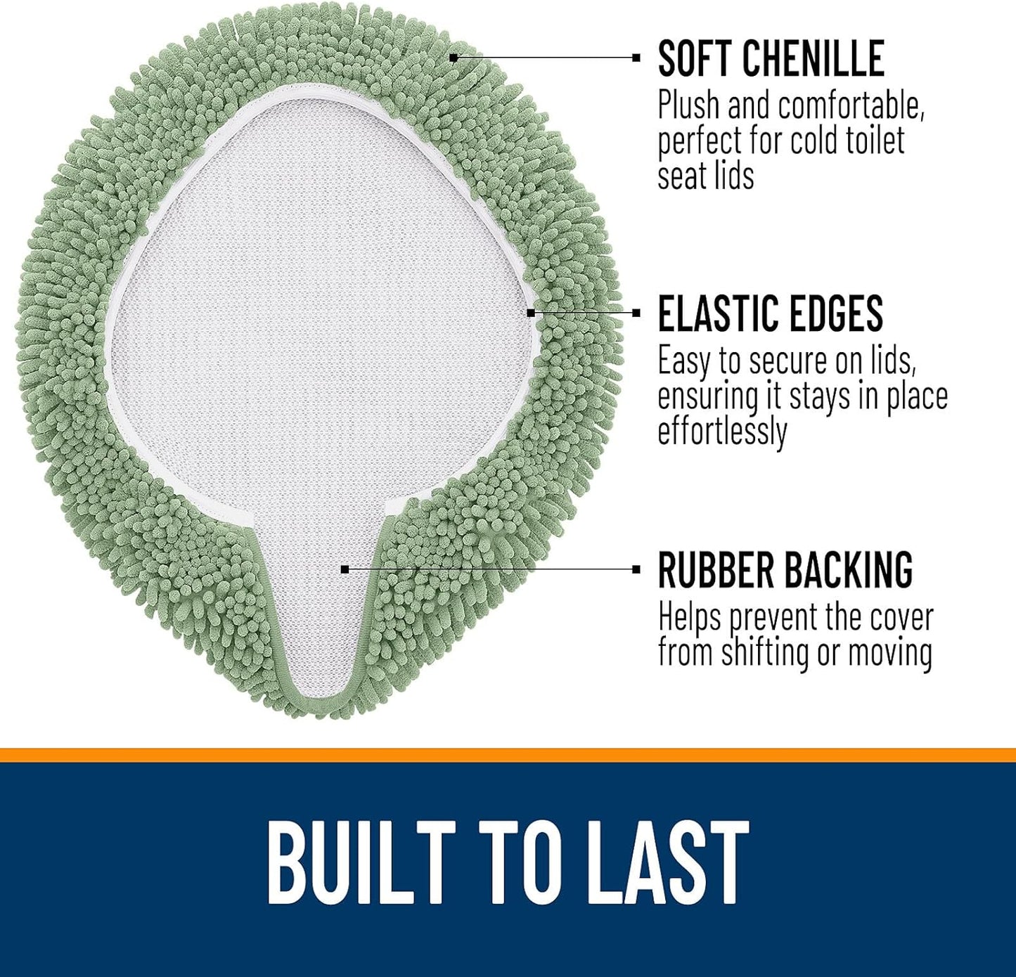 OLANLY Soft Chenille Bathroom Toilet Lid Cover, Machine Washable Seat Covers, 17.5x15, Stays in Place Rubber Backing, Fits Most Round, Elongated and Oblong Lids, Accessories Decor, Sage Green