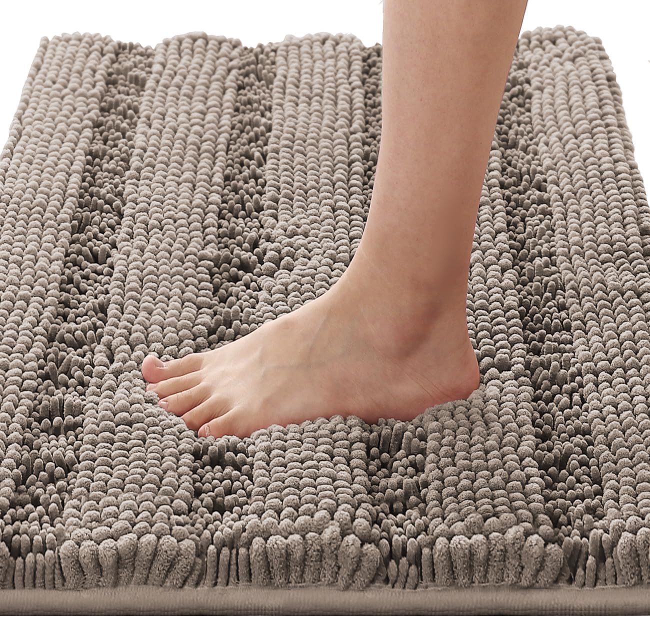 H.VERSAILTEX Bathroom Rugs Bath Rugs for Bathroom Non Slip Bath Mats Extra Thick Chenille Striped Rug 17" x 24" Absorbent Soft Shaggy Washable Dry Fast Bath Mats for Bath Room Floor - Taupe