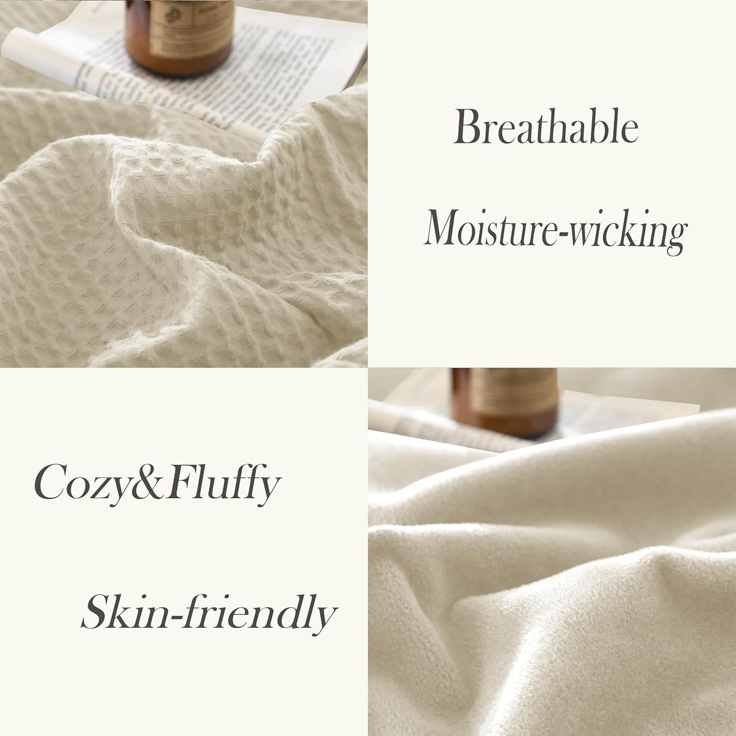 CHUFFED Cotton Waffle Blanket Queen Size - Plush Milk Velvet & Reversible Waffle Weave,Anti-Static 300Gsm Design，Thick Cozy Soft Winter Blanket for Bed, Couch, Sofa - Beige, 90x90 Inches