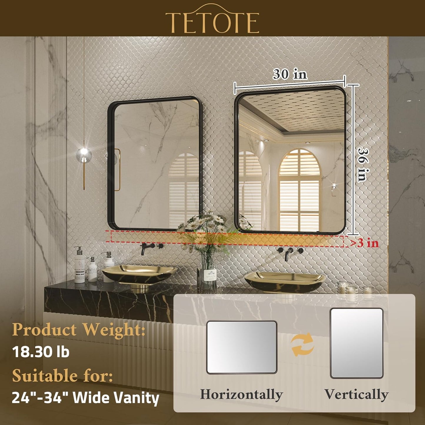 TETOTE 30 x 36 Navy Blue Frame Mirror for Bathroom Metal Frame Wall Mounted Rectangle Mirror for Vanity with Sandy Textured Surface(Horizontal/Vertical)