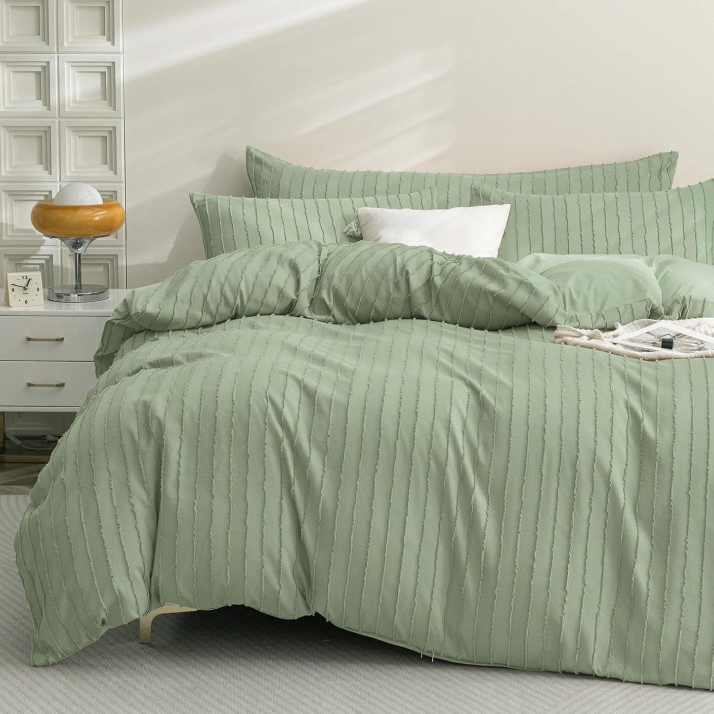 JELLYMONI Duvet Cover King Size Light Green - 3PCS Boho Striped Duvet Cover Set Polyester Tufted Bohemian Textured Comforter Cover 104×90in with Corner Ties & Zipper and 2 Pillowcases