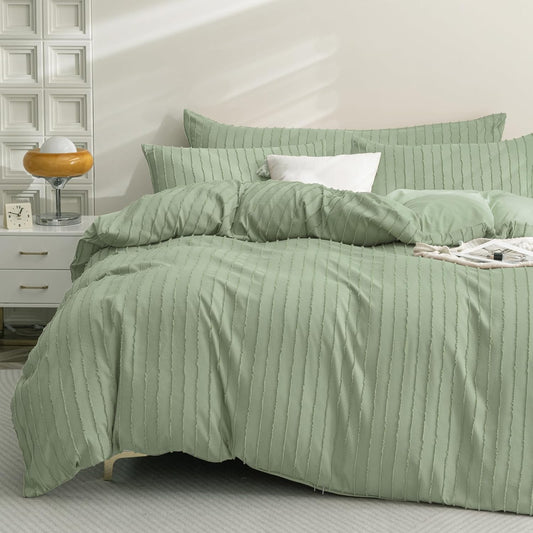 JELLYMONI Duvet Cover Queen Size Light Green - 3PCS Boho Striped Duvet Cover Set Polyester Tufted Bohemian Textured Comforter Cover 90×90in with Corner Ties & Zipper and 2 Pillowcases