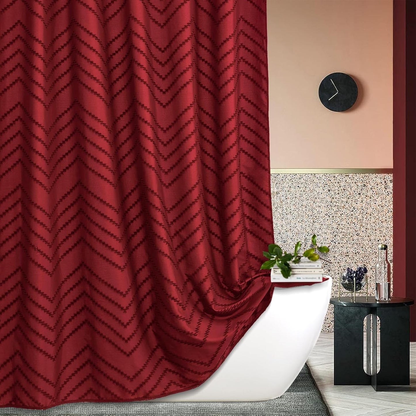 78inches Long Burgundy Shower Curtain Boho Farmhouse Shower Curtain 72 x 78 Tufted Chevron Textured Minimalist Shower Curtains for Bathroom