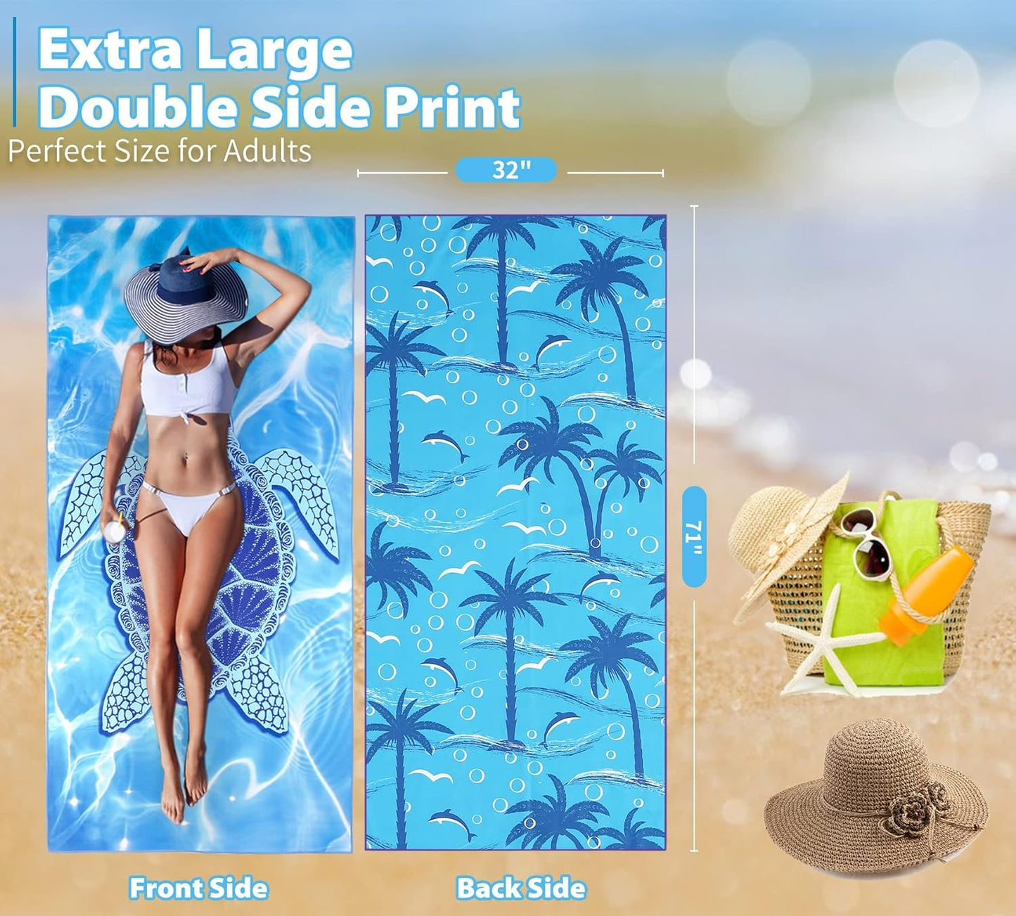 Microfiber Thin Beach Towel Lightweight Oversized 71x32 Extra Large Sand Free Towels Quick Dry for Travel Pool Camping Sports Beach Accessories Vacation Essential Gift Turtle