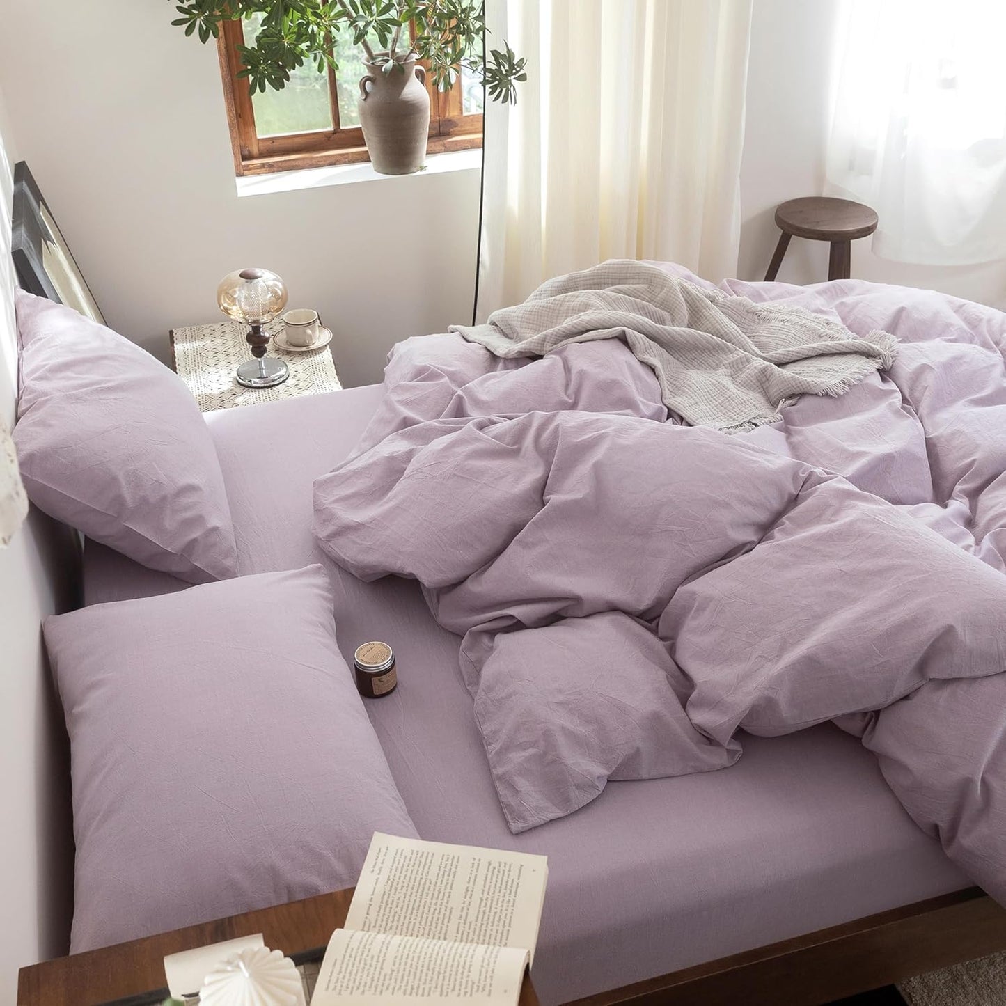 FOSSA Duvet Cover Set 100% Washed Cotton Linen Feel Super Soft Breathable Cozy 3 Pieces Bedding Sets Solid Light Purple King