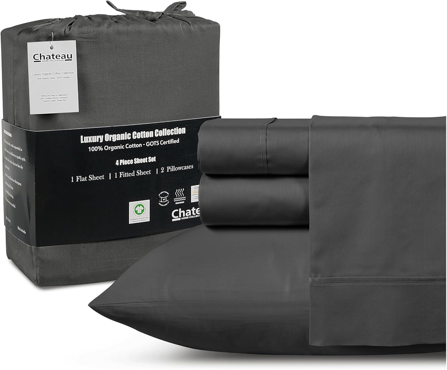 100% Cotton Sheets King Size Sheets Set with Fitted Sheet & Pillowcase Sets, Sateen Weave 4 piece Deep Pocket King Sheet Set, Soft & Comfy Naturally Cool Luxury Bedding- Charcoal
