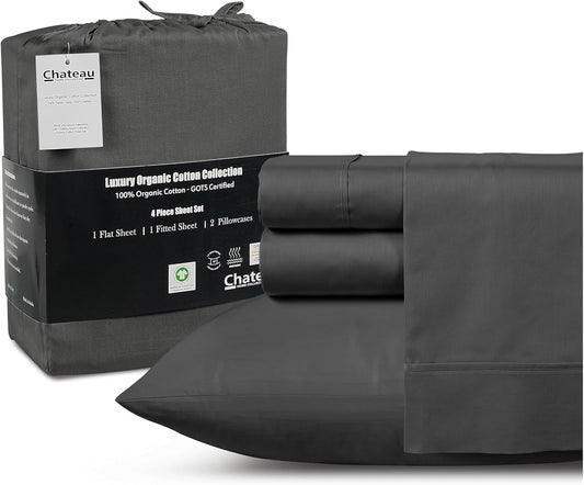 100% Cotton Sheets King Size Sheets Set with Fitted Sheet & Pillowcase Sets, Sateen Weave 4 piece Deep Pocket King Sheet Set, Soft & Comfy Naturally Cool Luxury Bedding- Charcoal