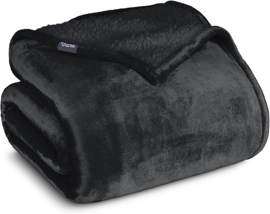Bare Home Sherpa Fleece Blanket - Full/Queen Size - Blanket for Bed, Sofa, and Couch - Warm & Lightweight - Fluffy & Soft - Reversible (Full/Queen, Black with Black Sherpa)