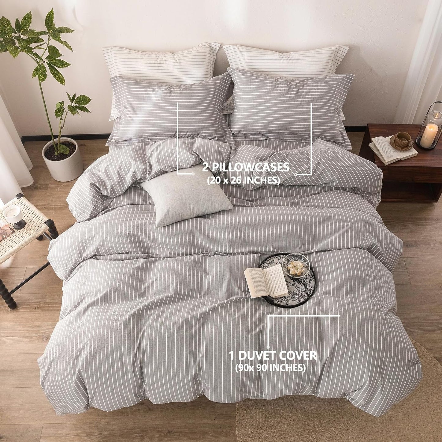 Stripe Duvet Cover Queen Size 90inch x 90inch, 100% Washed Cotton Linen Feel Pinstripe Duvet Cover with Zipper Closure and 2 Pillowcases, Color of Grey and White Stripe