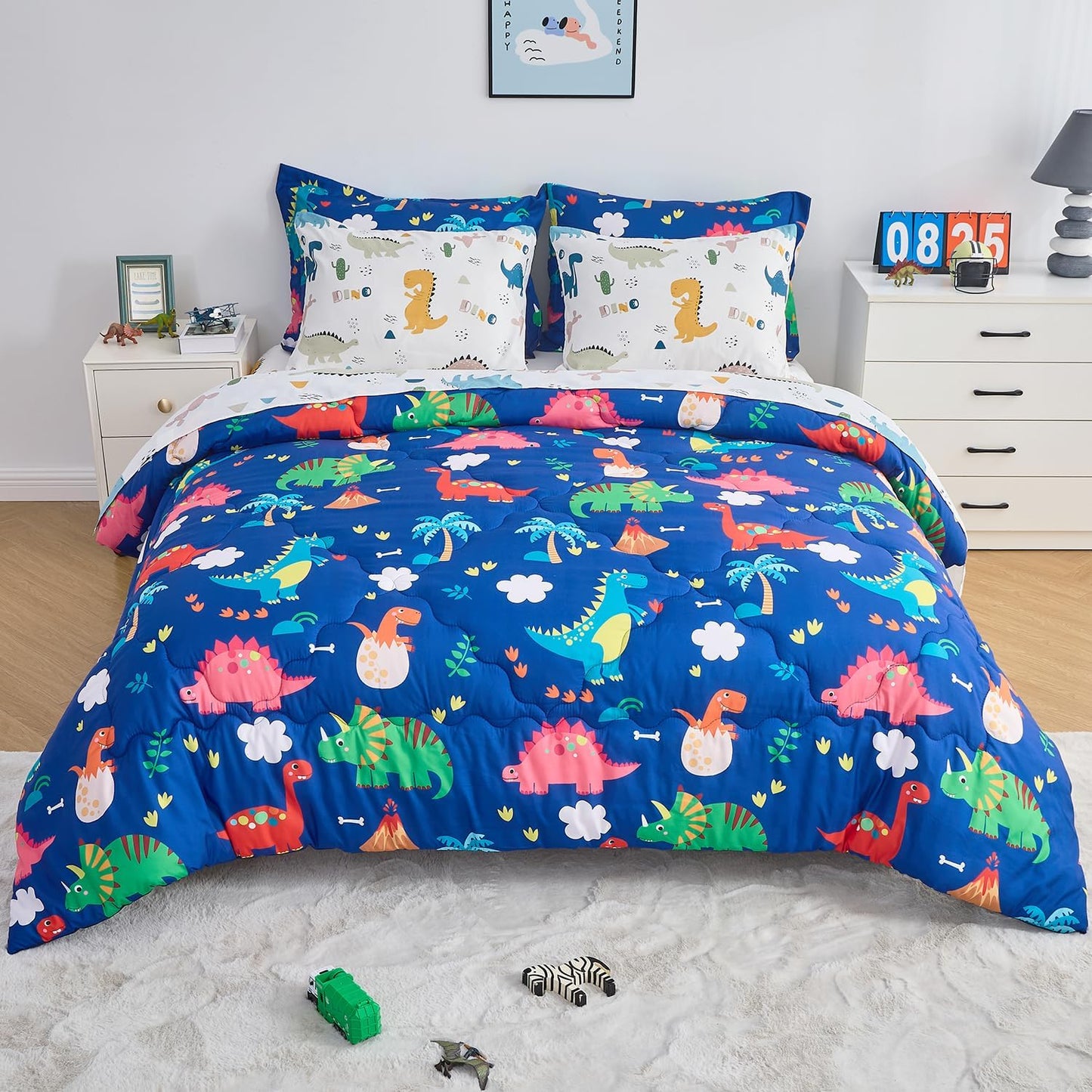 Wajade 7 Piece Kid Boys Dinosaur Comforter Set Queen Size 3D Blue Dinosaur Wild Park Jungle Print Bedding Set with Comforter, Sheet Set, Pillowcase and Sham