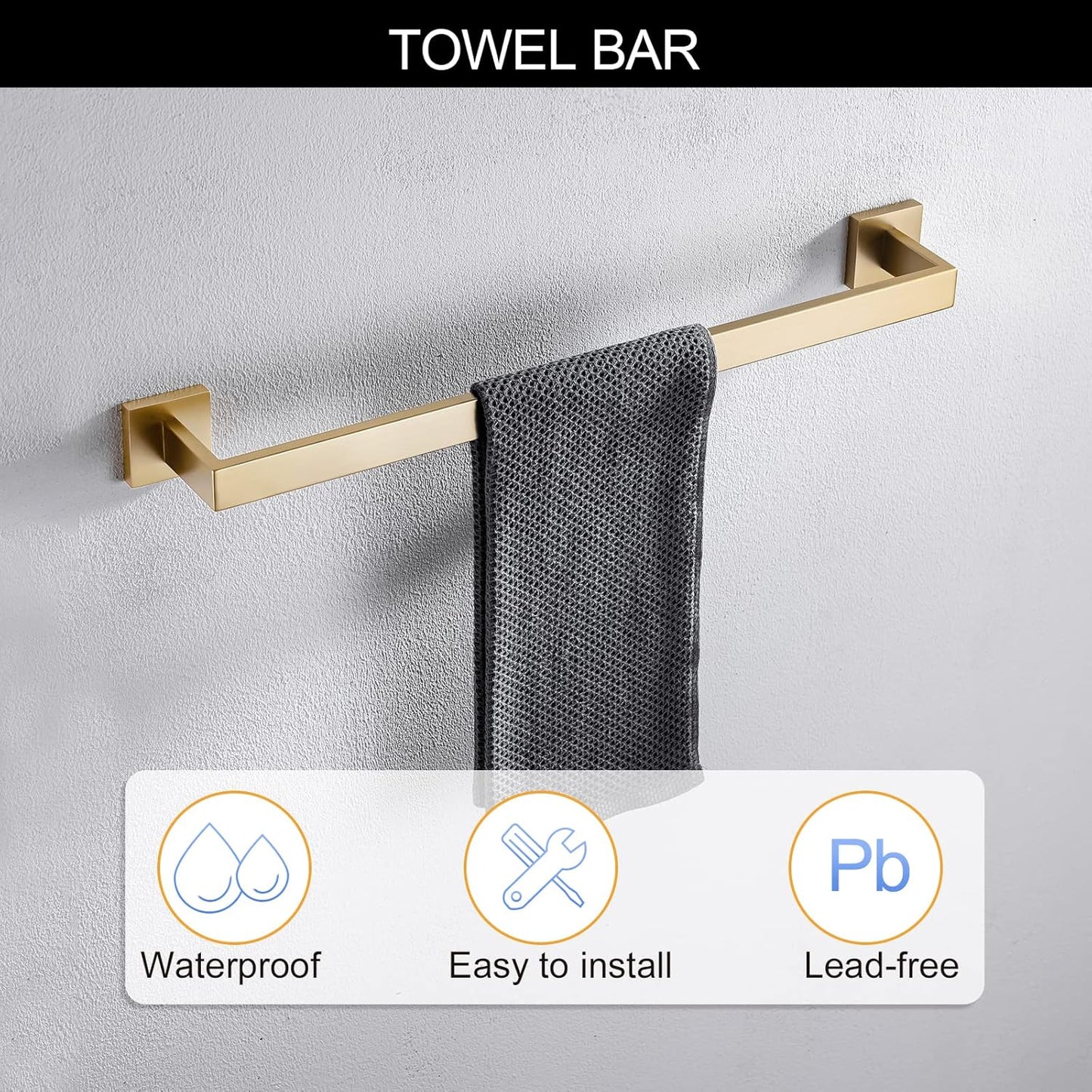 TNOMS Brushed Gold Towel Bar Set Bathroom Hardware Set, 5 Pieces Gold Bathroom Accessories Set Stainless Steel Wall Mounted Towel Holder for Bathroom 23.6in