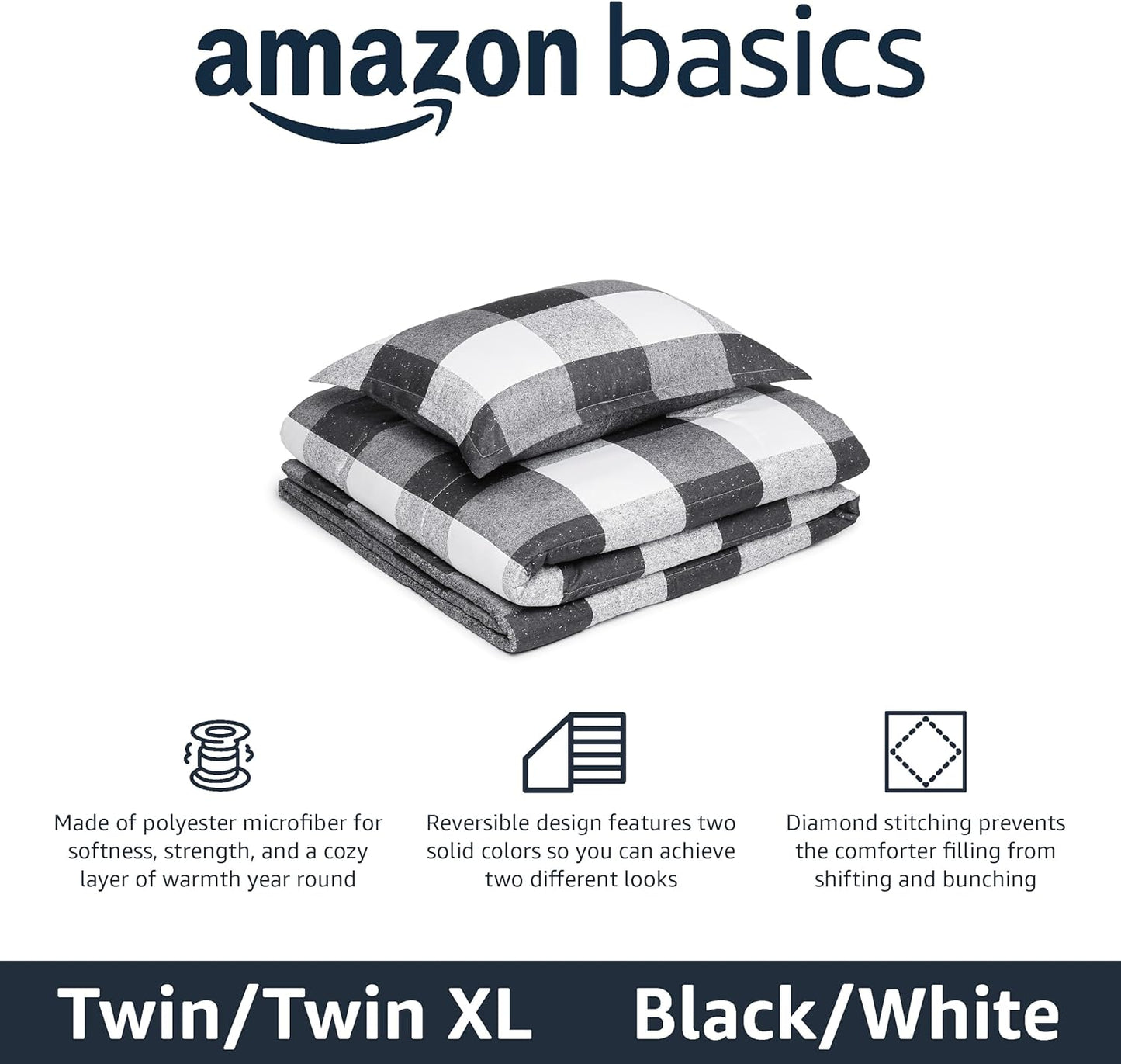 Amazon Basics Lightweight Microfiber Comforter Sets, 2-Pieces, Black/White,Checkerboard,Twin/Twin XL