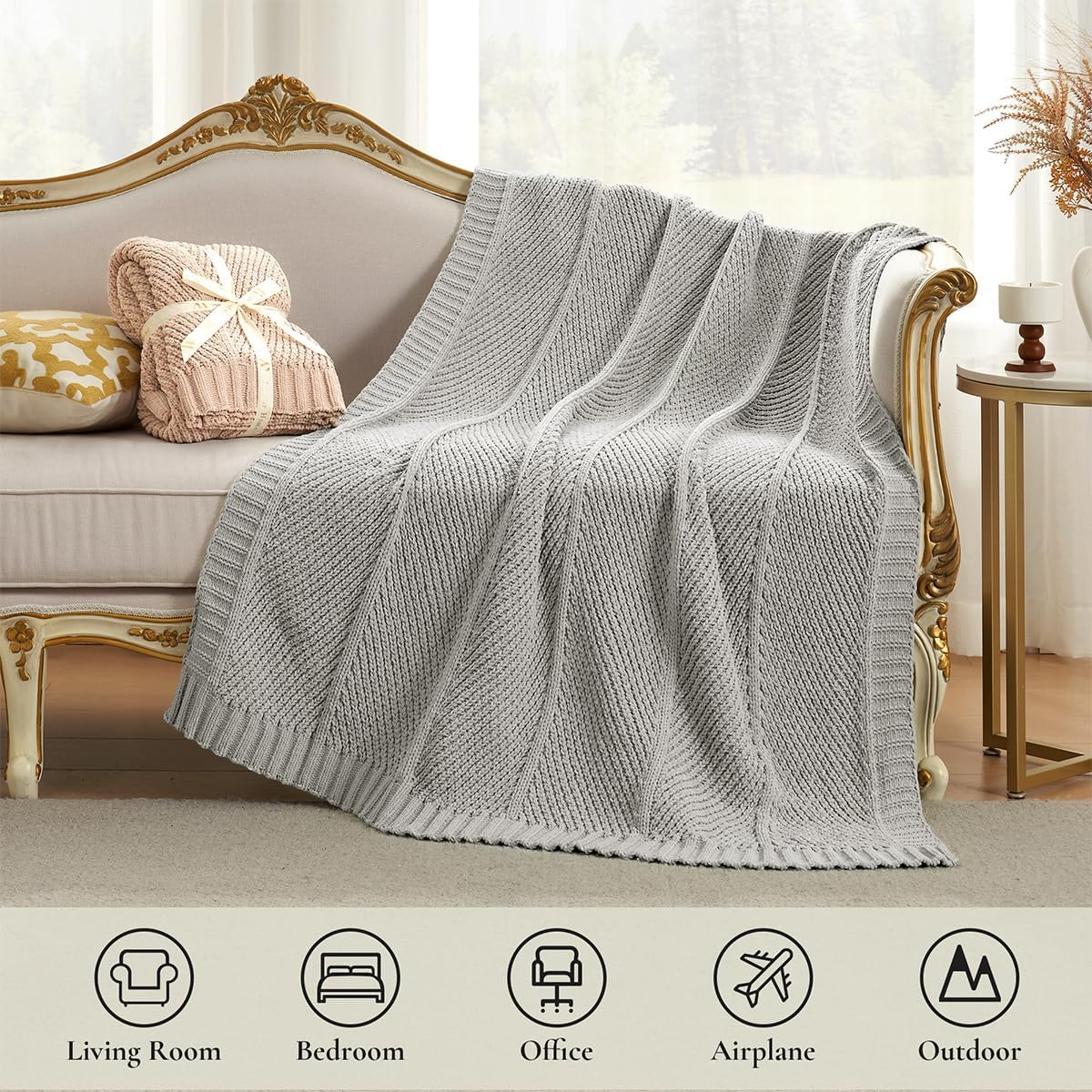 Amélie Home Chevron Chenille Knit Throw Blanket for Couch, Cozy Texture Decorative Soft Blanket for Sofa & Chair, 50"x60", Light Grey