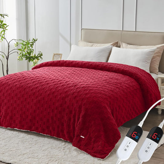 Electric Heated Blanket Queen Size Dual Control - Jacquard Checkered Sherpa 84"x90" Fast Heating Bed Blankets with 6 Heating Levels & 10 Hours Auto Off, Over-Heat Protection ETL, Red