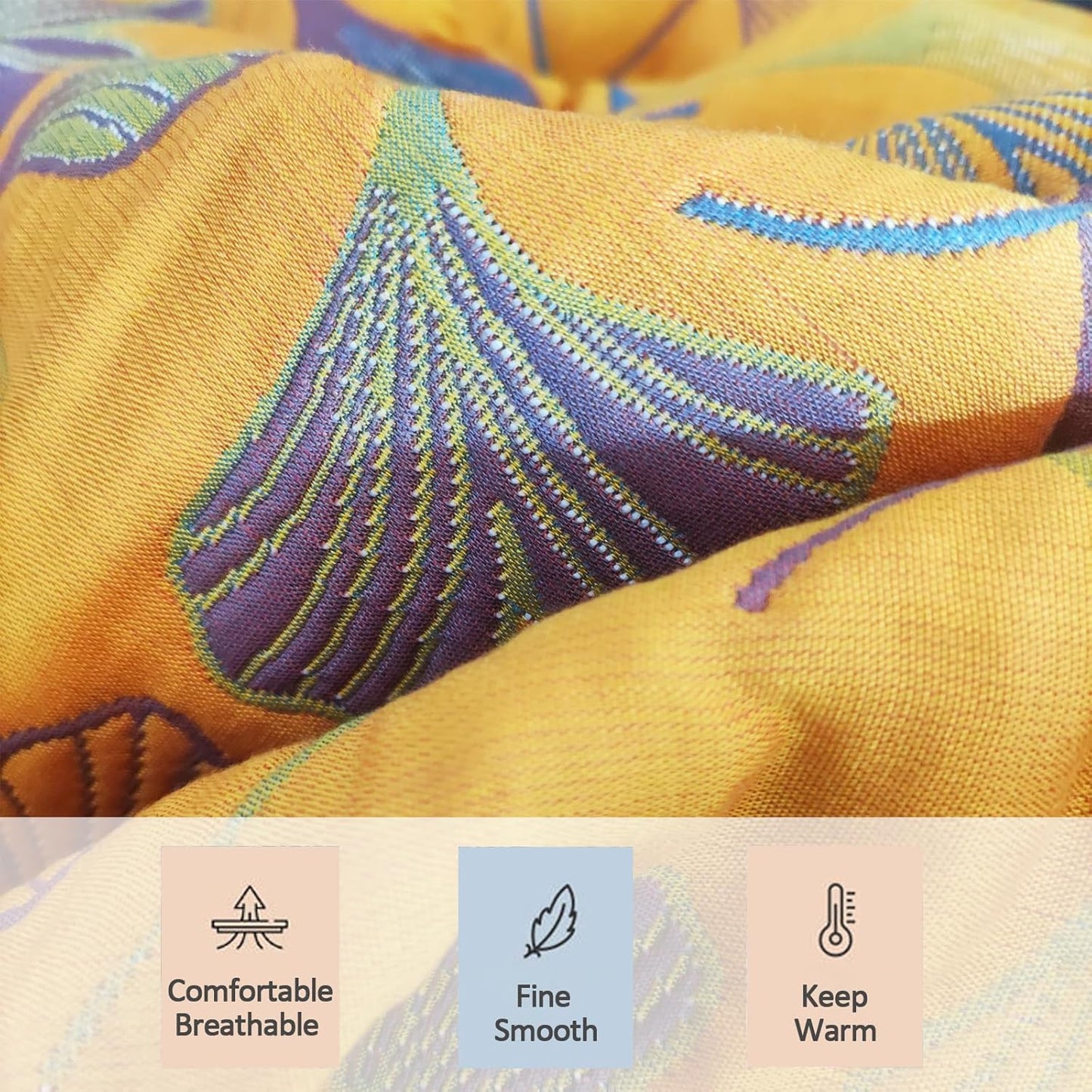Ginkgo Leaf Cotton Quilt Blue Orange Reversible King Size Bedspread Coverlet for All Seasons Lightweight Muslin Quilt Throw Blanket for Bed, Couch (King)