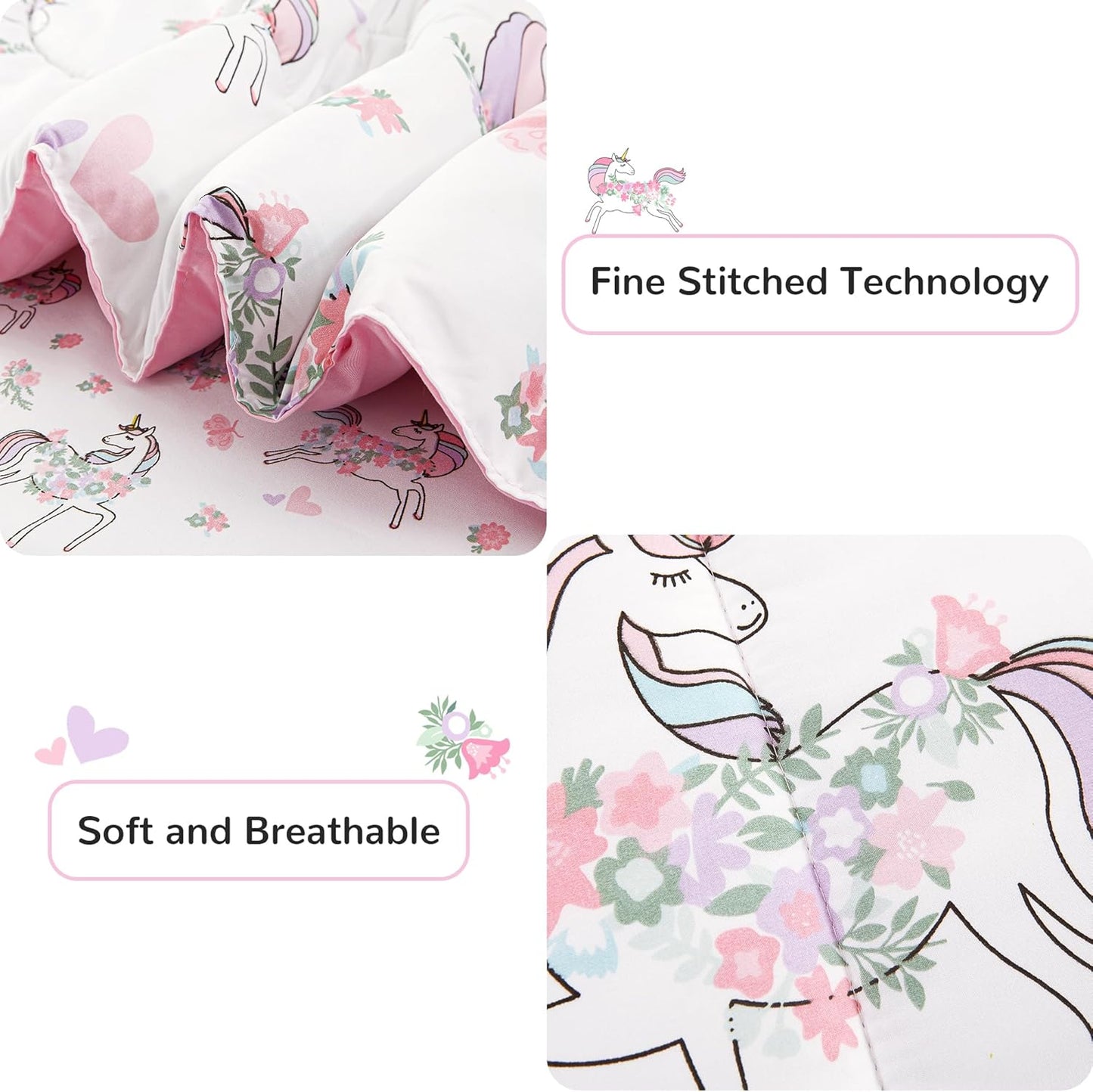 Viviland Kids Twin Bedding Sets for Girls, Soft Twin Comforter Set with Sheets, 5 Pieces Microfiber Bed in a Bag, White Unicorn