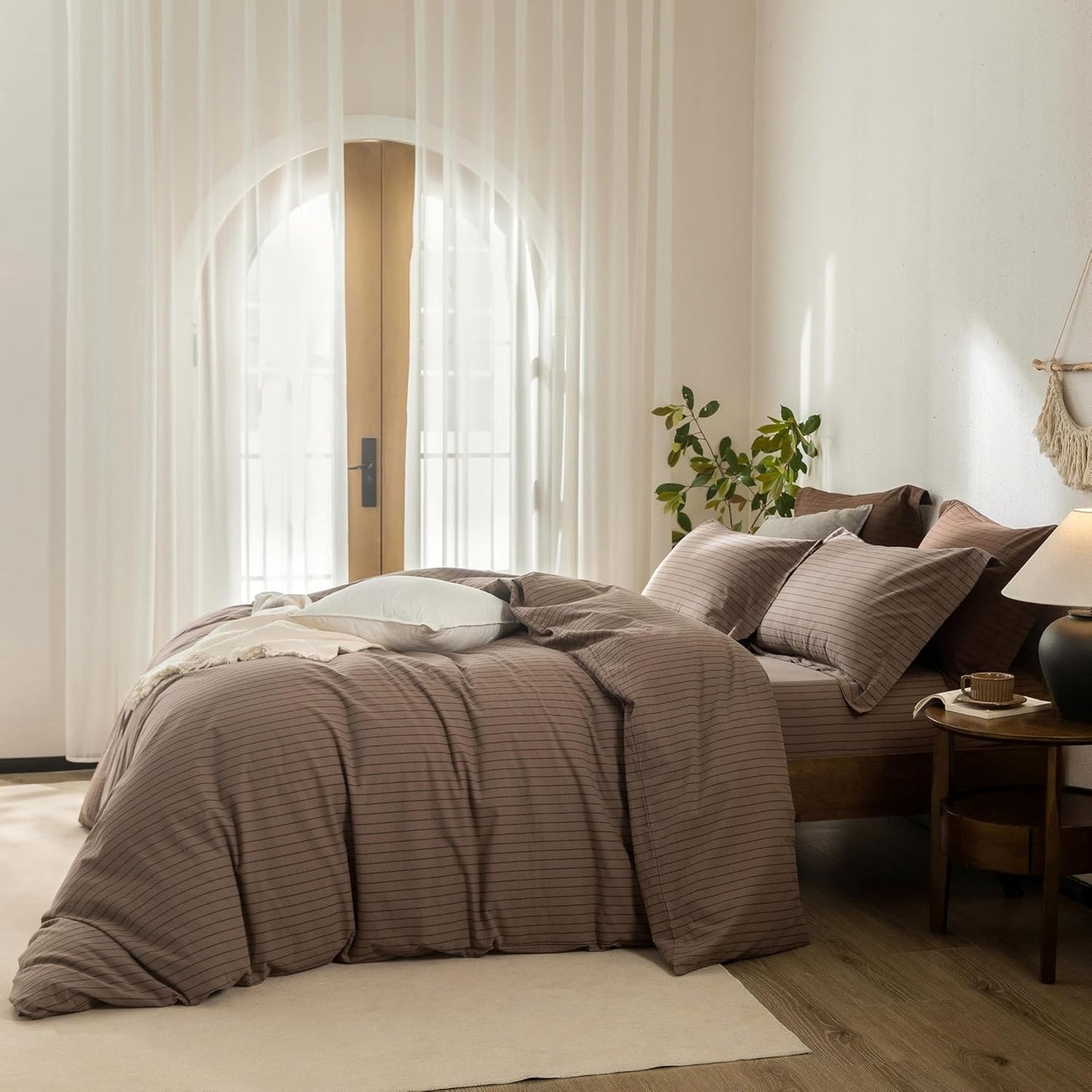 Stripe Duvet Cover King Size 104inch x 90inch,100% Washed Cotton Pinstripe Duvet Cover with Zipper Closure and 2 Pillowcases, Color of Light Brown-Black Stripe