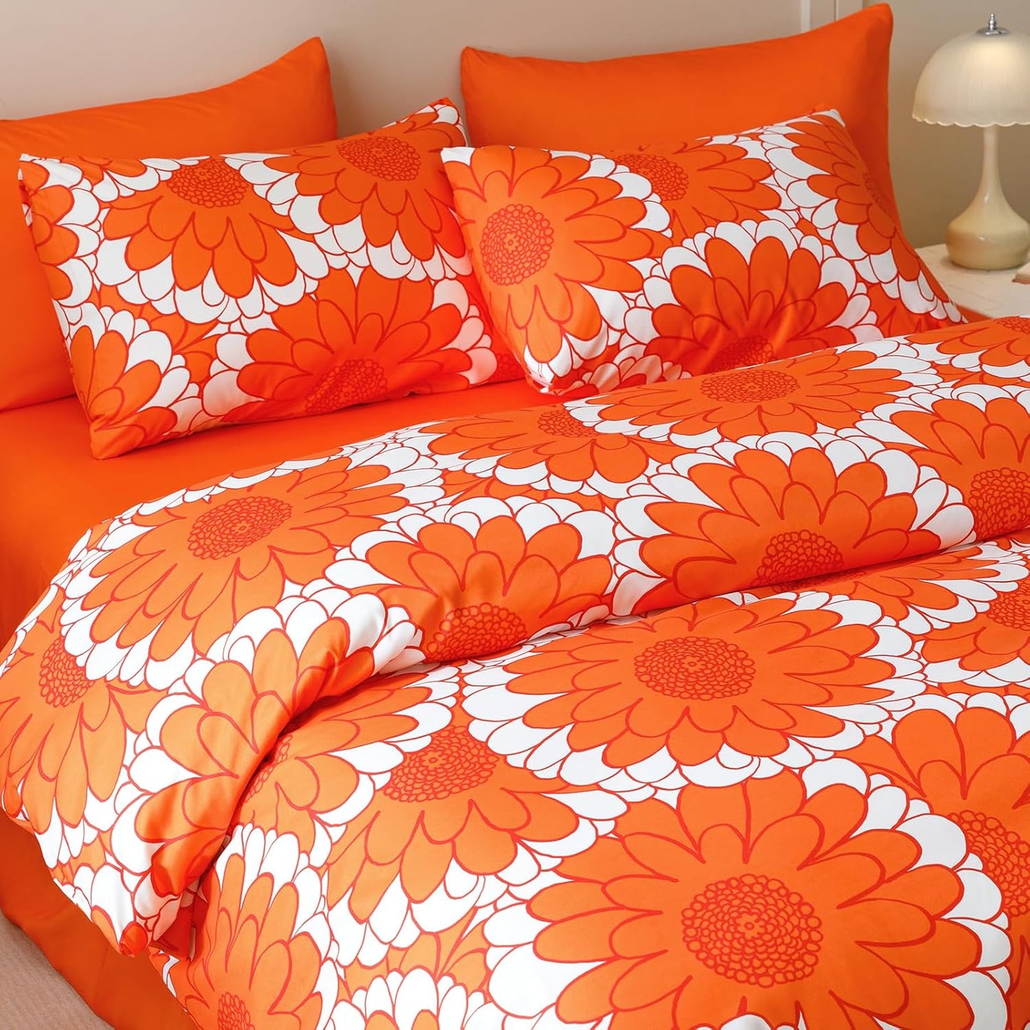 KAREVER Orange Sunflower Comforter Set Twin Size Orange Sunflower Bedding Set 3 PCs Comforter Set Twin Size Fluffy Linen Comforter Sets