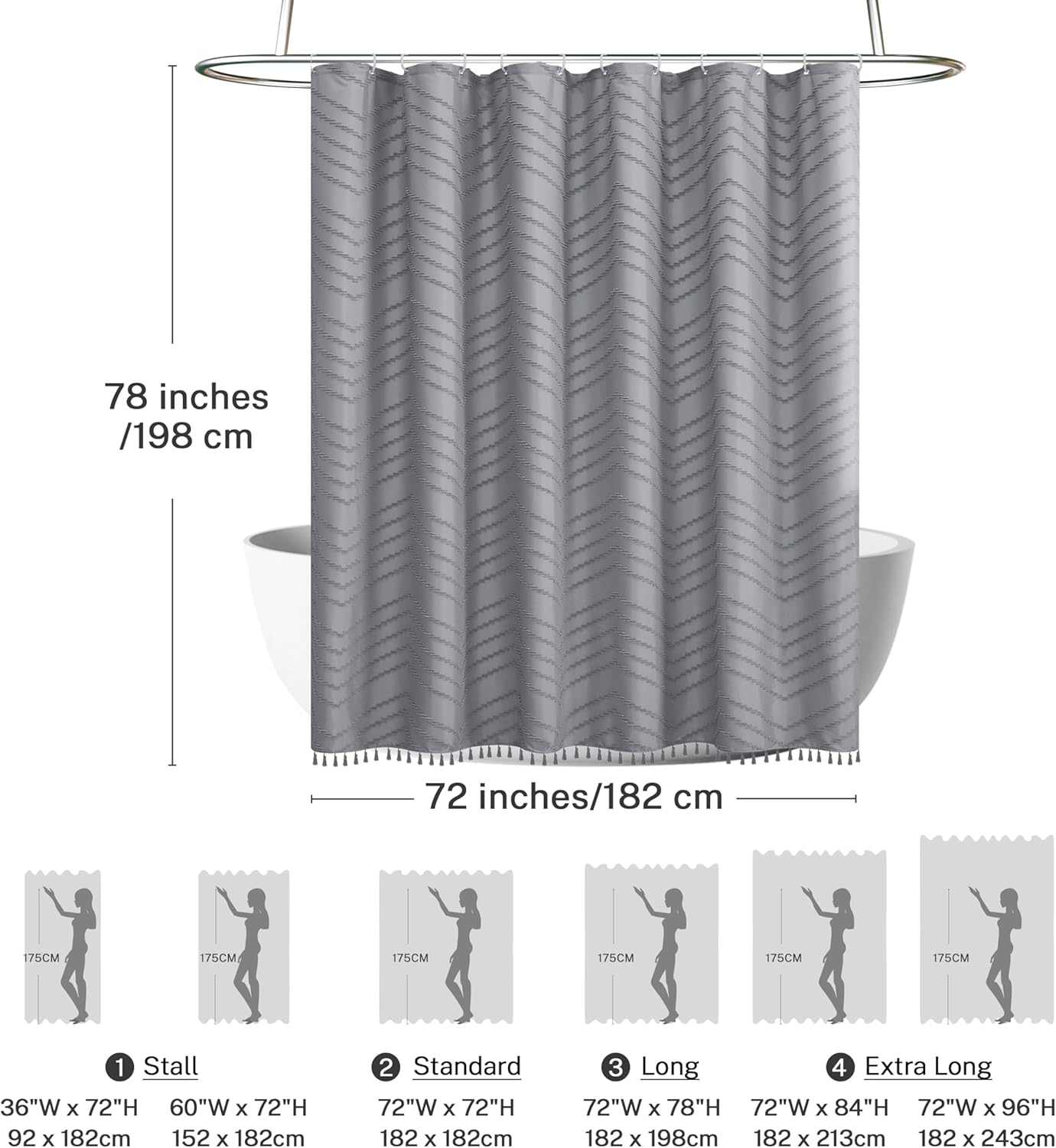 Extra Long Shower Curtains 72 x 78 Inches Tufted Chevron Light Gray Shower Curtains Fabric for Bathroom Modern Shabby Chic Waterproof Cloth Shower Curtain