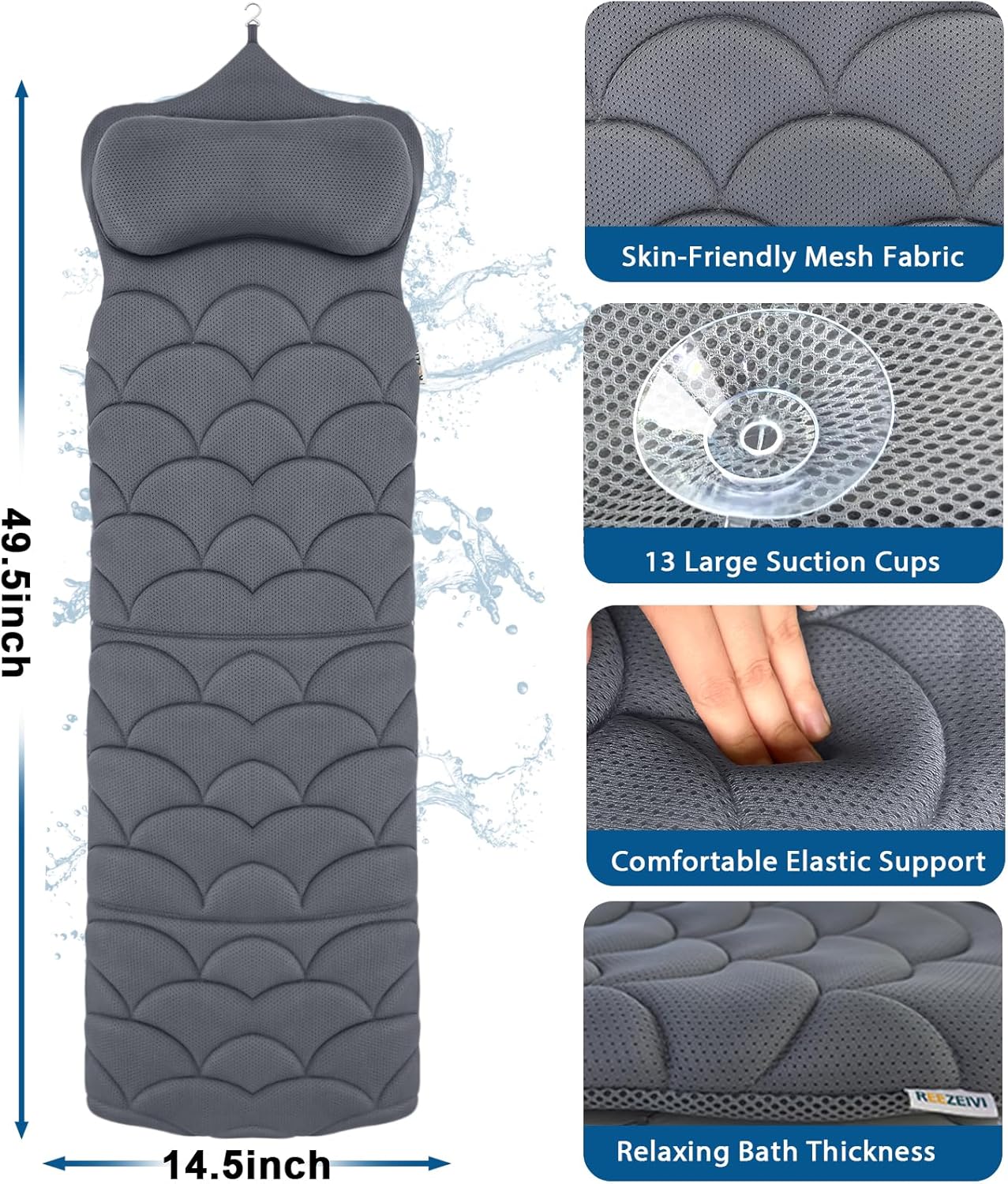 REEZEIVI Full Body Bath Pillow,Thick Bathtub Cushion with Laundry Bag,Bath Pillow with 13 Non-Slip Suction Cups,Soft 3D Mesh Fabric,Bathtub Cushion for Headrest Neck and Back Support (Gray)