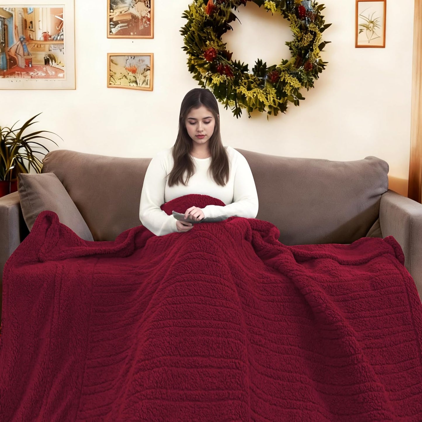 Electric Heated Blanket 6 Heating Settings & 3 H Auto Off Throw Size 50×60 Double Sided Plush Sherpa Ultra-Soft Warm Thick, Machine Washable, Fast Heating, Home Office, Red