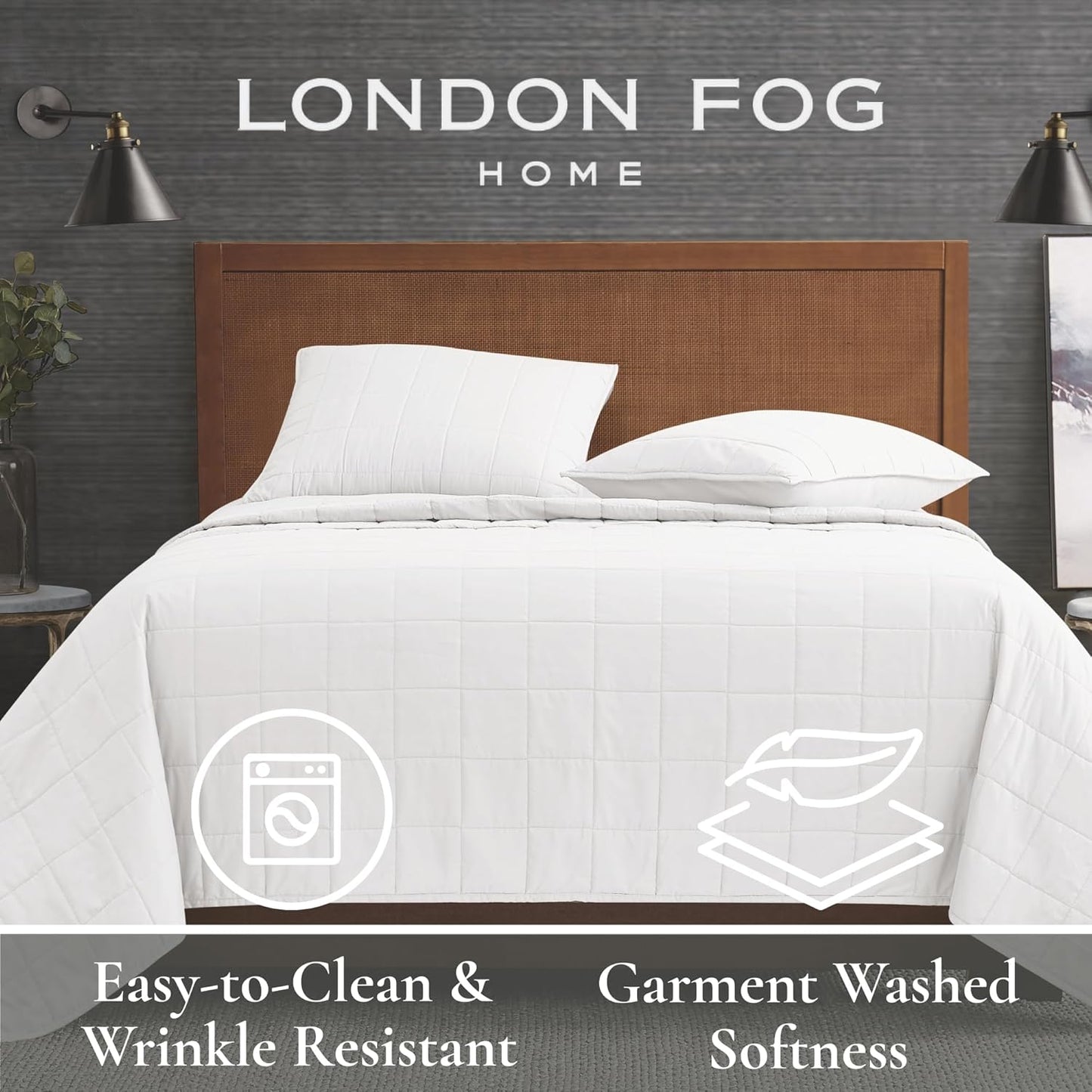 London Fog Garment Washed Solid Quilt Set White Microfiber 3-Piece King Quilt Set, Solid Themed, Adult and Teen, Oeko-TEX Certified