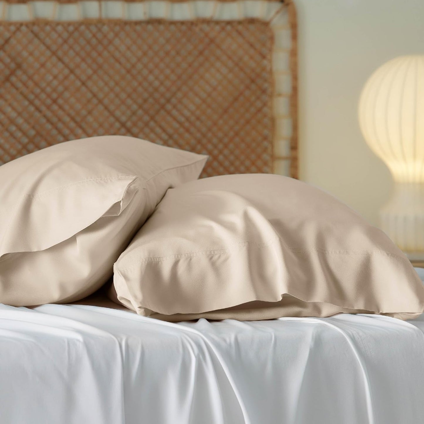 Bedsure Pillow Cases Queen, Cooling Pillow Cases, Rayon Derived from Bamboo Beige Pillowcases Queen Size Set of 2, Silky Soft & Breathable Bedding Pillow Covers with Envelope Closure, 20x30 Inches