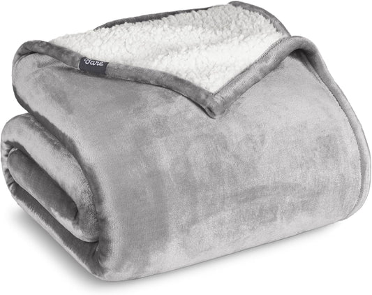 Bare Home Sherpa Fleece Blanket - King Size - Blanket for Bed, Sofa, and Couch - Warm & Lightweight - Fluffy & Soft - Reversible (King, Light Grey)