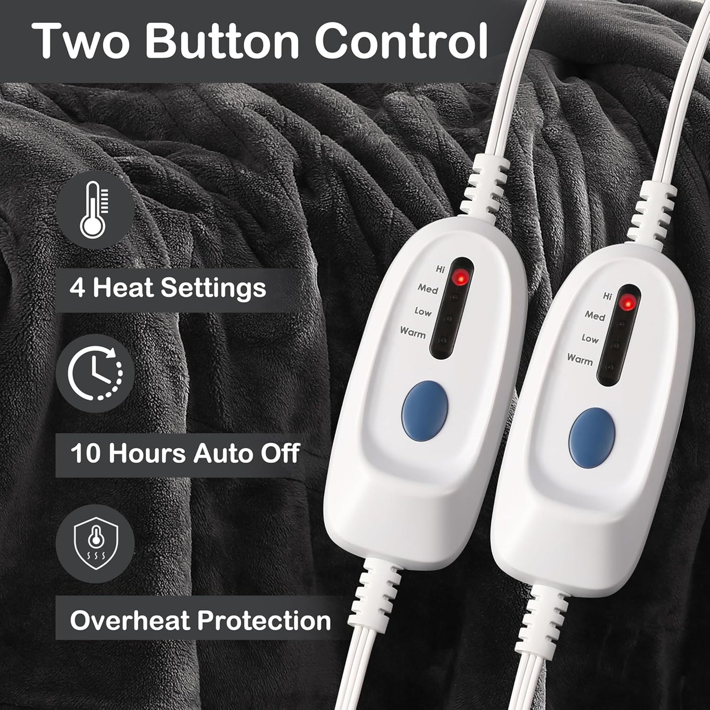 Electric Heated Blanket Queen Size 84"x90", Dual Controllers, Cozy Large Oversized, 4 Heating Levels & 10 Hours Auto Off, Cozy for Bed, Sofa, & Office, Machine Washable, Dark Gray
