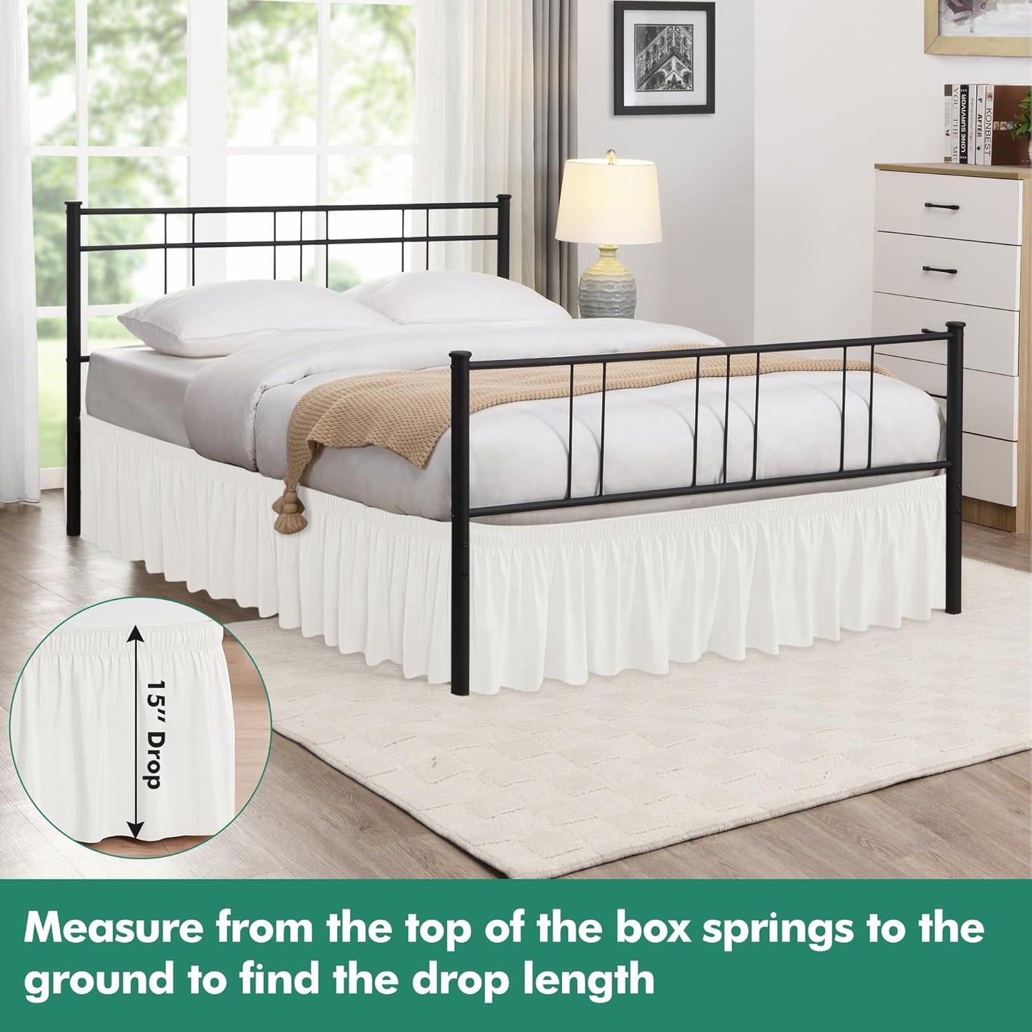 Biscaynebay Wrap Around Bed Skirts with Split Corners for Full Beds 15" Drop, Ivory Adjustable Elastic Dust Ruffles Easy Fit Wrinkle Resistant Silky Luxurious Fabric Machine Washable