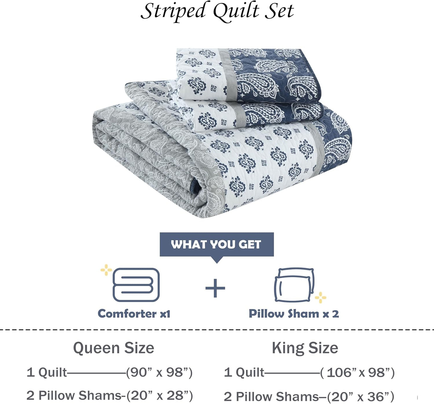 Quilt Bedding Set Queen Size, Cotton Comforters Set Queen Size,Navy Blue Grey Quilts Bedspread for The Bed, Farmhouse Lightweight Bedding (90 * 98 Inch) and 2 Pillow Shams All Season
