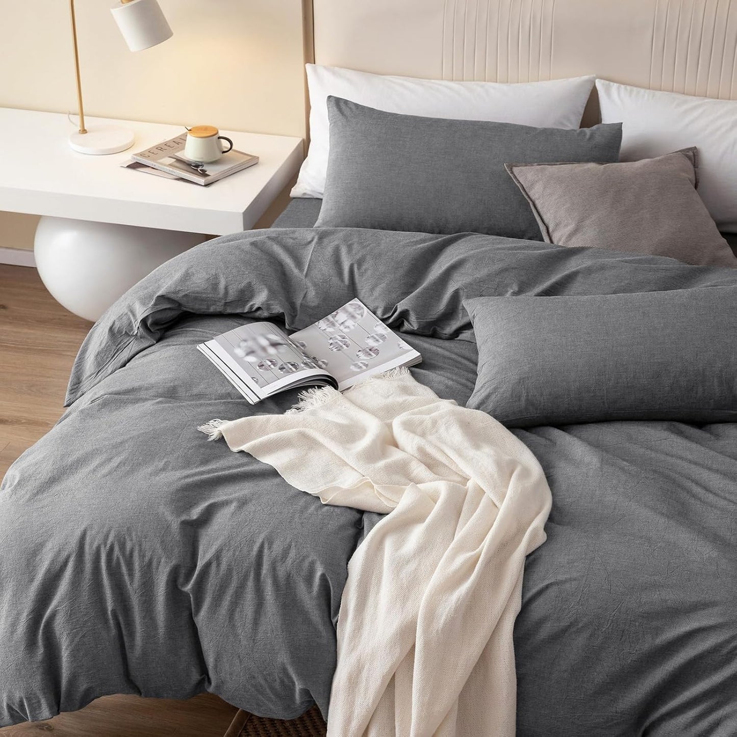 JIYUAN 100% Washed Cotton Duvet Cover Set 3 Pieces King, 1 Duvet Cover 104x90 Inches (Comforter Not Included) and 2 Pillowcases,Linen Feel Bedding Set Comfy and Breathable, Heathered Dark Grey