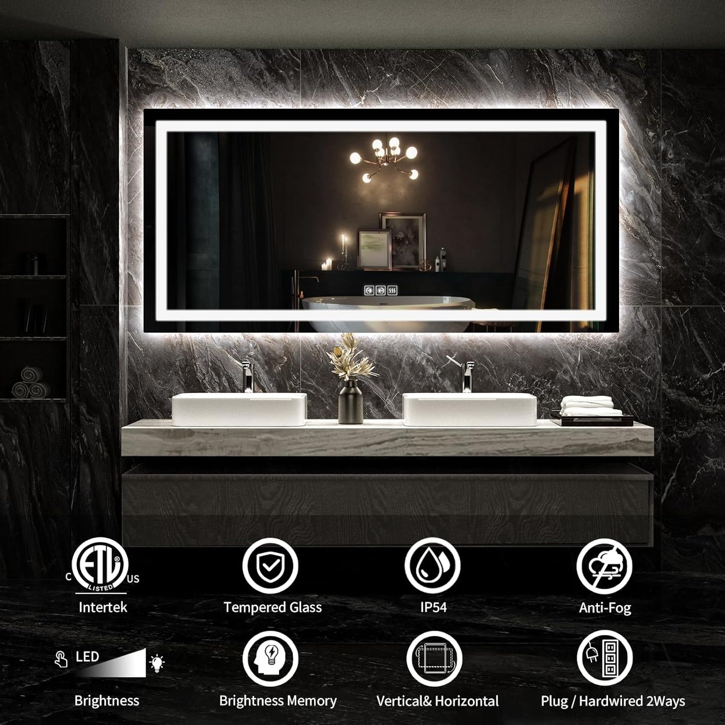 LED Mirror for Bathroom, 72x36 Inch Backlit + Front Lighted Bathroom Vanity Mirror with Lights for Wall, Double Light Strips, 3 Colors, Shatter-Proof, Anti-Fog and Brightness Memory
