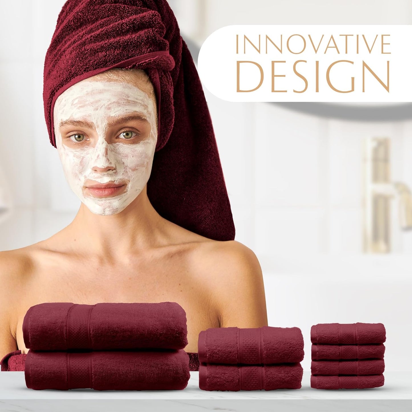 MAURA Burgundy Bath Towel Set of 8 for Bathroom. Turkish Cotton Luxury Bath Towels Extra Large, Thick, Plush & Soft. Hotel & Spa Quality - Burgundy