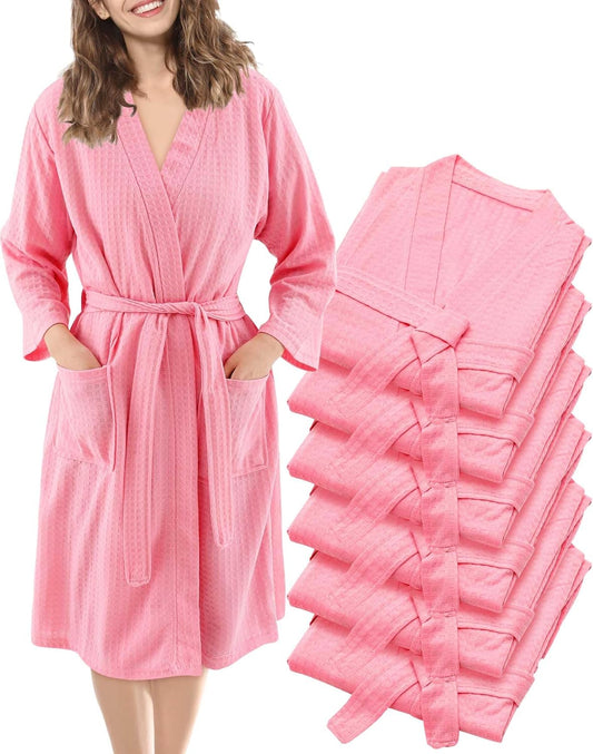 6 Pcs Women's Waffle Robes Spa Bath Robe Bulk Commercial Lightweight Thin Soft for Shower House Party